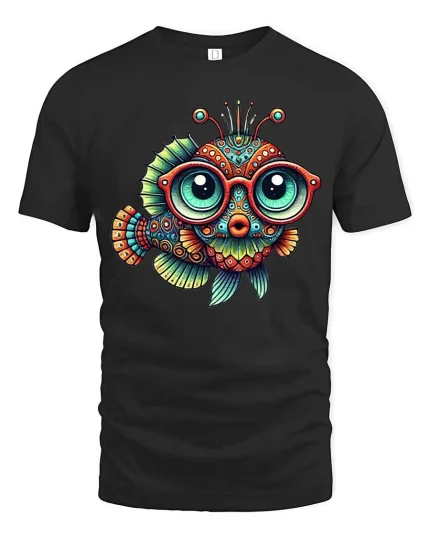 Funny Big Eyed Fish T-Shirt Colorful Nerdy Ocean Tee - black t-shirt on white background