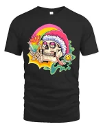 Funny Chill Skull T-Shirt Rainbow Drink Party Vibes Tee - black t-shirt on white background