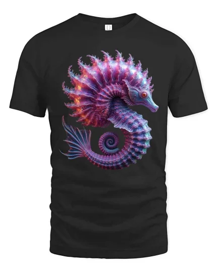 Glowing Seahorse T-Shirt Colorful Ocean Fantasy Art Tee - black t-shirt on white background