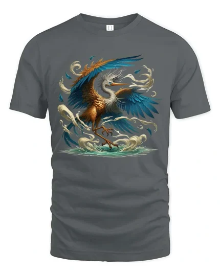 Majestic Heron Bird T-Shirt Ocean Wave Artistic Nature Tee - gray t-shirt on white background