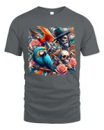Pirate Parrot Skull T-Shirt Roses Vintage Tattoo Art Tee - gray t-shirt on white background