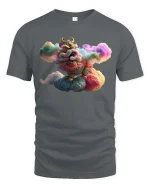 Colorful Chinese Lion T-Shirt Cloud Fantasy Art Graphic Tee - gray t-shirt on white background