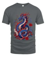 Oriental Dragon T-Shirt Red Blue Floral Fantasy Art Tee - gray t-shirt on white background
