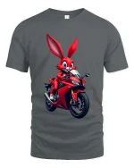 Funny Biker Bunny T-Shirt Cool Rabbit Motorcycle Rider Tee - gray t-shirt on white background