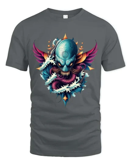 Kraken Skull T-Shirt Ocean Monster Dark Fantasy Art Tee - gray t-shirt on white background