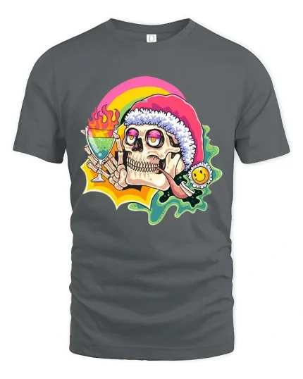 Funny Chill Skull T-Shirt Rainbow Drink Party Vibes Tee - gray t-shirt on white background
