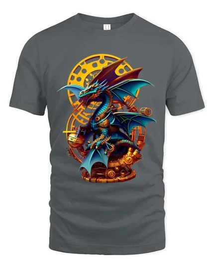 Steampunk Dragon T-Shirt Mechanical Fantasy Gear Art Tee - gray t-shirt on white background