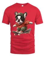 Skateboarding French Bulldog T-Shirt Cute Street Style Tee - red t-shirt on white background