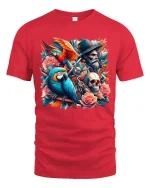 Pirate Parrot Skull T-Shirt Roses Vintage Tattoo Art Tee - red t-shirt on white background