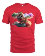 Colorful Chinese Lion T-Shirt Cloud Fantasy Art Graphic Tee - red t-shirt on white background