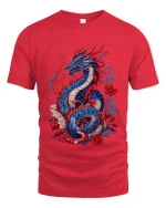 Oriental Dragon T-Shirt Red Blue Floral Fantasy Art Tee - red t-shirt on white background