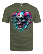 Evil Jester Skull T-Shirt Dark Clown Horror Graphic Tee - military green t-shirt on white background