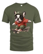 Skateboarding French Bulldog T-Shirt Cute Street Style Tee - military green t-shirt on white background