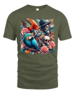 Pirate Parrot Skull T-Shirt Roses Vintage Tattoo Art Tee - military green t-shirt on white background