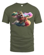 Colorful Chinese Lion T-Shirt Cloud Fantasy Art Graphic Tee - military green t-shirt on white background