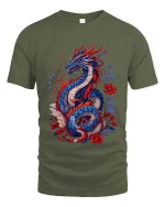 Oriental Dragon T-Shirt Red Blue Floral Fantasy Art Tee - military green t-shirt on white background