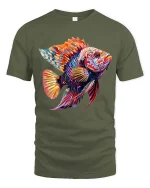 Colorful Tropical Fish T-Shirt Vibrant Ocean Art Graphic Tee - military green t-shirt on white background