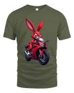 Funny Biker Bunny T-Shirt Cool Rabbit Motorcycle Rider Tee - military green t-shirt on white background