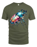 Colorful Beetle T-Shirt Vibrant Insect Art Graphic Tee - military green t-shirt on white background
