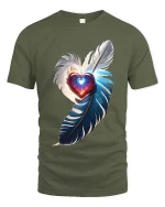 Feather Heart Love T-Shirt Elegant Romantic Glow Art Tee - military green t-shirt on white background