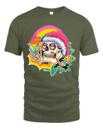 Funny Chill Skull T-Shirt Rainbow Drink Party Vibes Tee - military green t-shirt on white background