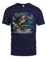 Majestic Heron Bird T-Shirt Ocean Wave Artistic Nature Tee - navy t-shirt on white background
