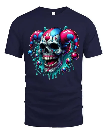 Evil Jester Skull T-Shirt Dark Clown Horror Graphic Tee - navy t-shirt on white background