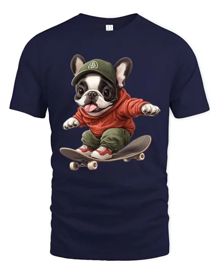 Skateboarding French Bulldog T-Shirt Cute Street Style Tee - navy t-shirt on white background