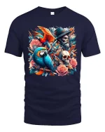 Pirate Parrot Skull T-Shirt Roses Vintage Tattoo Art Tee - navy t-shirt on white background