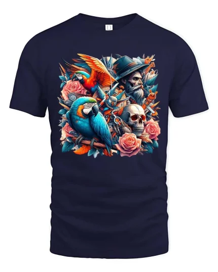 Pirate Parrot Skull T-Shirt Roses Vintage Tattoo Art Tee - navy t-shirt on white background