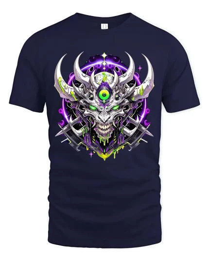 Cyber Demon Skull T-Shirt Neon Horror Sci Fi Graphic Tee - navy t-shirt on white background