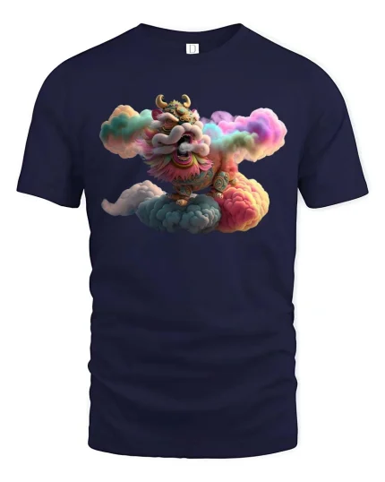 Colorful Chinese Lion T-Shirt Cloud Fantasy Art Graphic Tee - navy t-shirt on white background