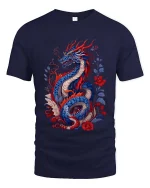 Oriental Dragon T-Shirt Red Blue Floral Fantasy Art Tee - navy t-shirt on white background