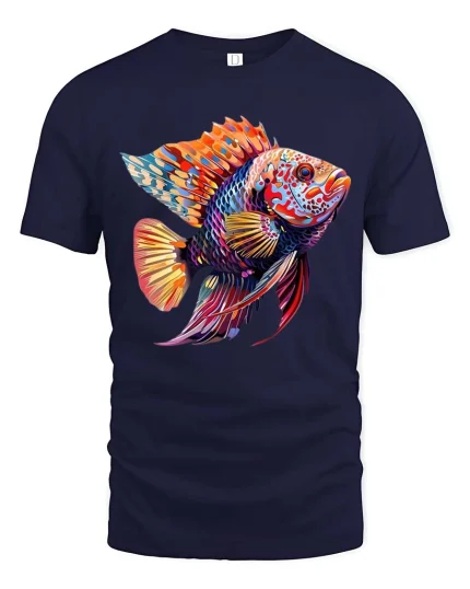 Colorful Tropical Fish T-Shirt Vibrant Ocean Art Graphic Tee - navy t-shirt on white background