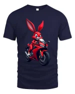 Funny Biker Bunny T-Shirt Cool Rabbit Motorcycle Rider Tee - navy t-shirt on white background