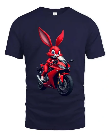 Funny Biker Bunny T-Shirt Cool Rabbit Motorcycle Rider Tee - navy t-shirt on white background