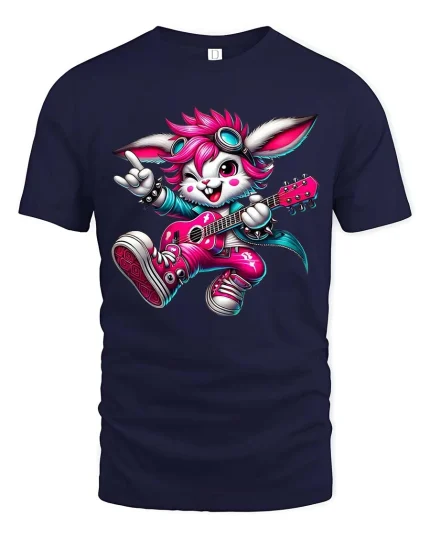 Rock Star Bunny T-Shirt Cute Guitar Rabbit Music Tee - navy t-shirt on white background