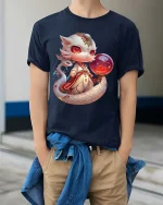 Mystic Baby Dragon T-Shirt Cute Fantasy Orb Magic Tee - model wearing navy tee with hands in pockets