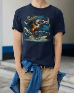 Majestic Heron Bird T-Shirt Ocean Wave Artistic Nature Tee - model wearing navy tee with hands in pockets