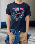Evil Jester Skull T-Shirt Dark Clown Horror Graphic Tee - model wearing navy tee with hands in pockets