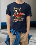 Skateboarding French Bulldog T-Shirt Cute Street Style Tee - model wearing navy tee with hands in pockets