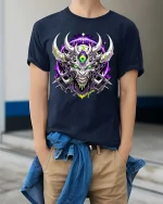 Cyber Demon Skull T-Shirt Neon Horror Sci Fi Graphic Tee - model wearing navy tee with hands in pockets