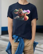 Colorful Chinese Lion T-Shirt Cloud Fantasy Art Graphic Tee - model wearing navy tee with hands in pockets