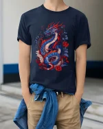 Oriental Dragon T-Shirt Red Blue Floral Fantasy Art Tee - model wearing navy tee with hands in pockets