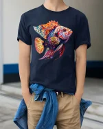 Colorful Tropical Fish T-Shirt Vibrant Ocean Art Graphic Tee - model wearing navy tee with hands in pockets