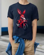Funny Biker Bunny T-Shirt Cool Rabbit Motorcycle Rider Tee - model wearing navy tee with hands in pockets