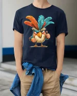 Funny Angry Bird T-Shirt Colorful Feather Attitude Tee - model wearing navy tee with hands in pockets