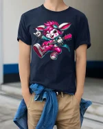 Rock Star Bunny T-Shirt Cute Guitar Rabbit Music Tee - model wearing navy tee with hands in pockets