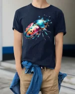 Colorful Beetle T-Shirt Vibrant Insect Art Graphic Tee - model wearing navy tee with hands in pockets
