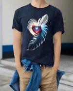 Feather Heart Love T-Shirt Elegant Romantic Glow Art Tee - model wearing navy tee with hands in pockets
